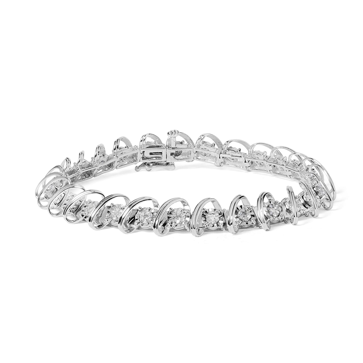 White metal bracelet with alternating rows of round white gemstones in miracle and prong settings, shown from a slightly elevated front angle.