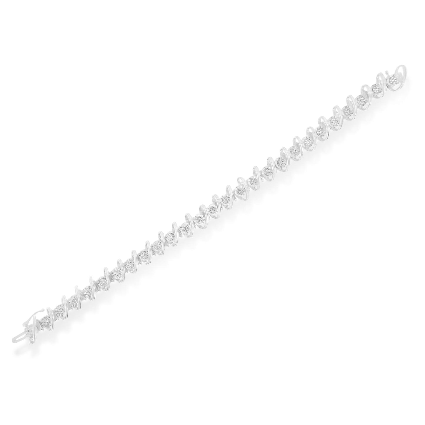 White metal bracelet with round white gemstones set in miracle and prong settings, shown from a top diagonal angle on a white background.
