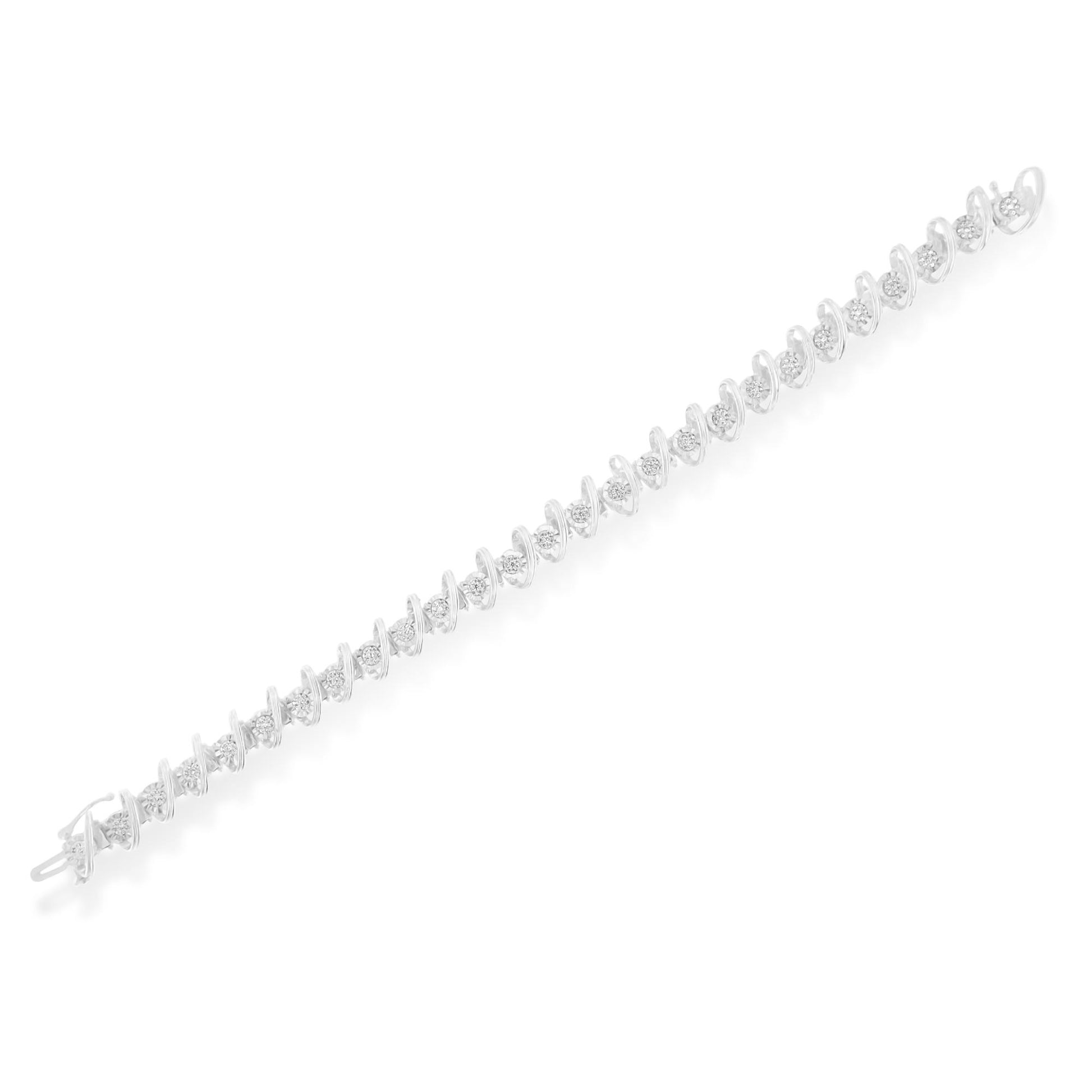 White metal bracelet with round white gemstones set in miracle and prong settings, shown from a top diagonal angle on a white background.