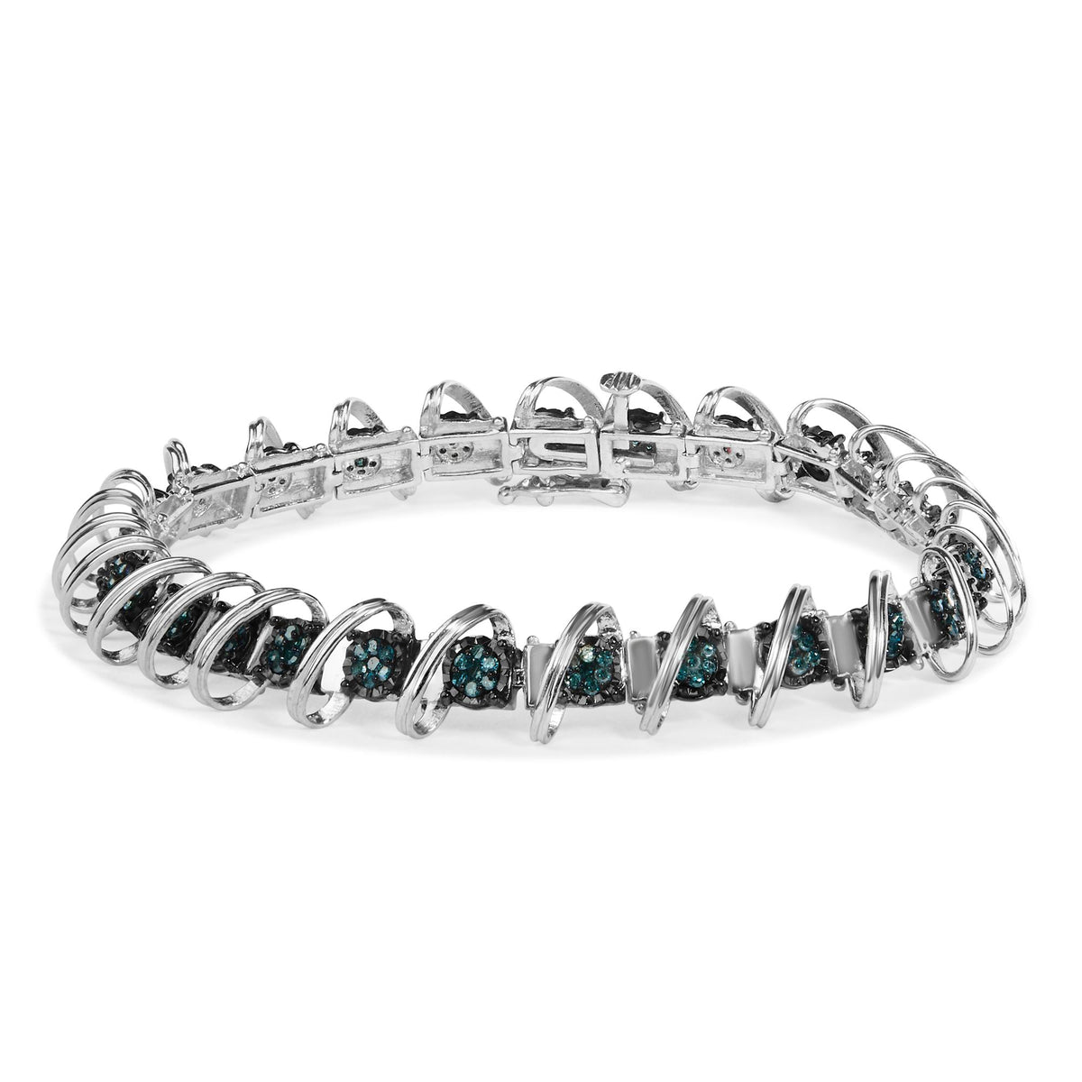 .925 Sterling Silver 3/4 Cttw Blue Diamond Illusion Plate Looped Link Bracelet