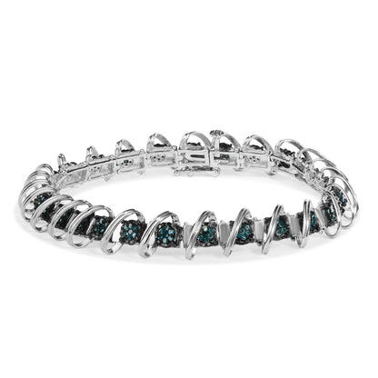 .925 Sterling Silver 3/4 Cttw Blue Diamond Illusion Plate Looped Link Bracelet