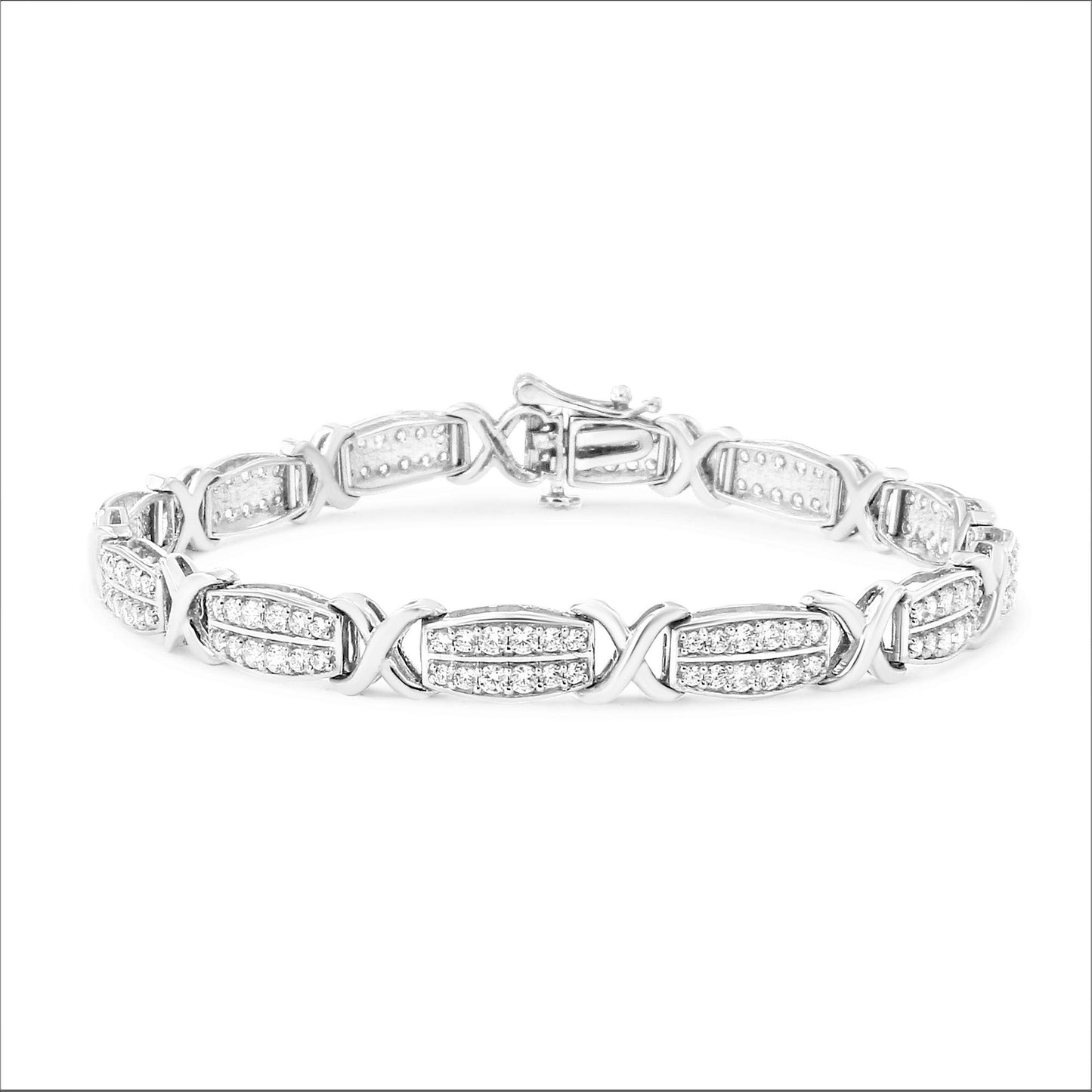 White metal bracelet with alternating X-shaped links and rectangular links paved with round white gemstones, shown from a front angle on white background.
