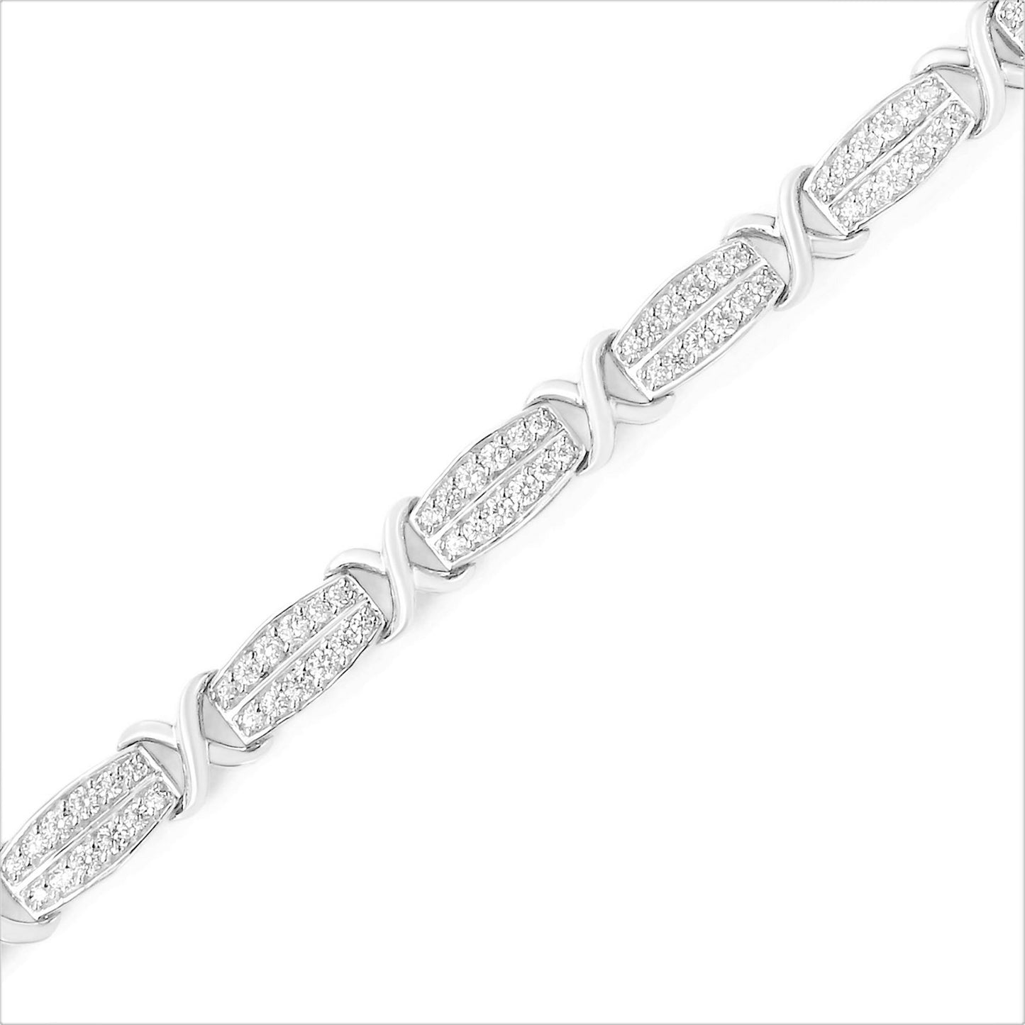 Diagonal close-up of a white bracelet featuring alternating rectangular links with pave-set round white gemstones and smooth curved links.