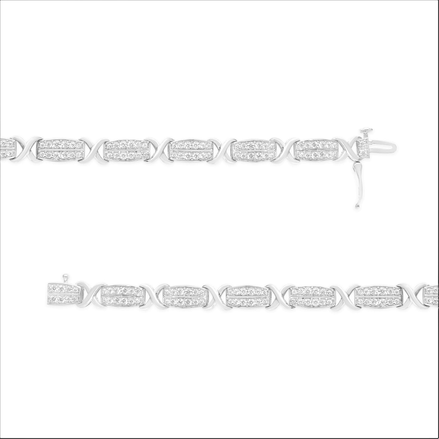 Top-down view of a white metal bracelet with alternating rectangular and crisscross links, each rectangular link set with round white gemstones in a pave setting, shown fully extended.