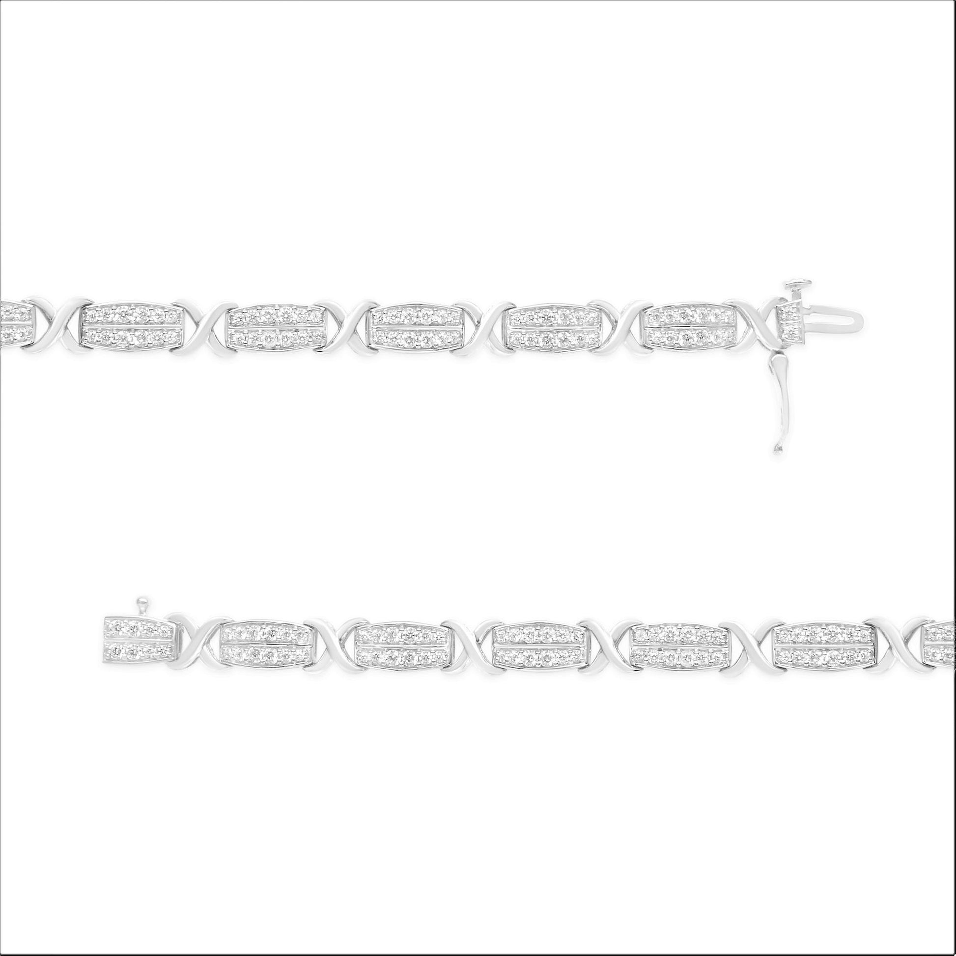 Top-down view of a white metal bracelet with alternating rectangular and crisscross links, each rectangular link set with round white gemstones in a pave setting, shown fully extended.