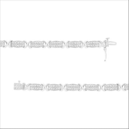 Top-down view of a white metal bracelet with alternating rectangular and crisscross links, each rectangular link set with round white gemstones in a pave setting, shown fully extended.