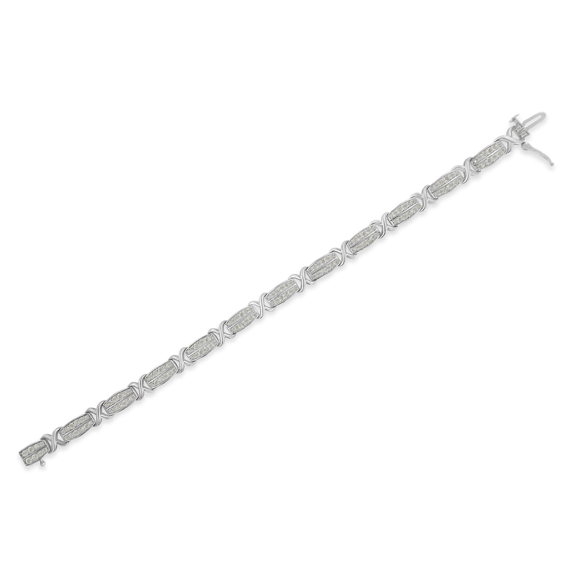White metal bracelet with rectangular links set with white round pave gemstones, shown from an angled top view.
