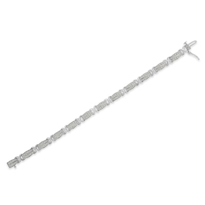 White metal bracelet with rectangular links set with white round pave gemstones, shown from an angled top view.