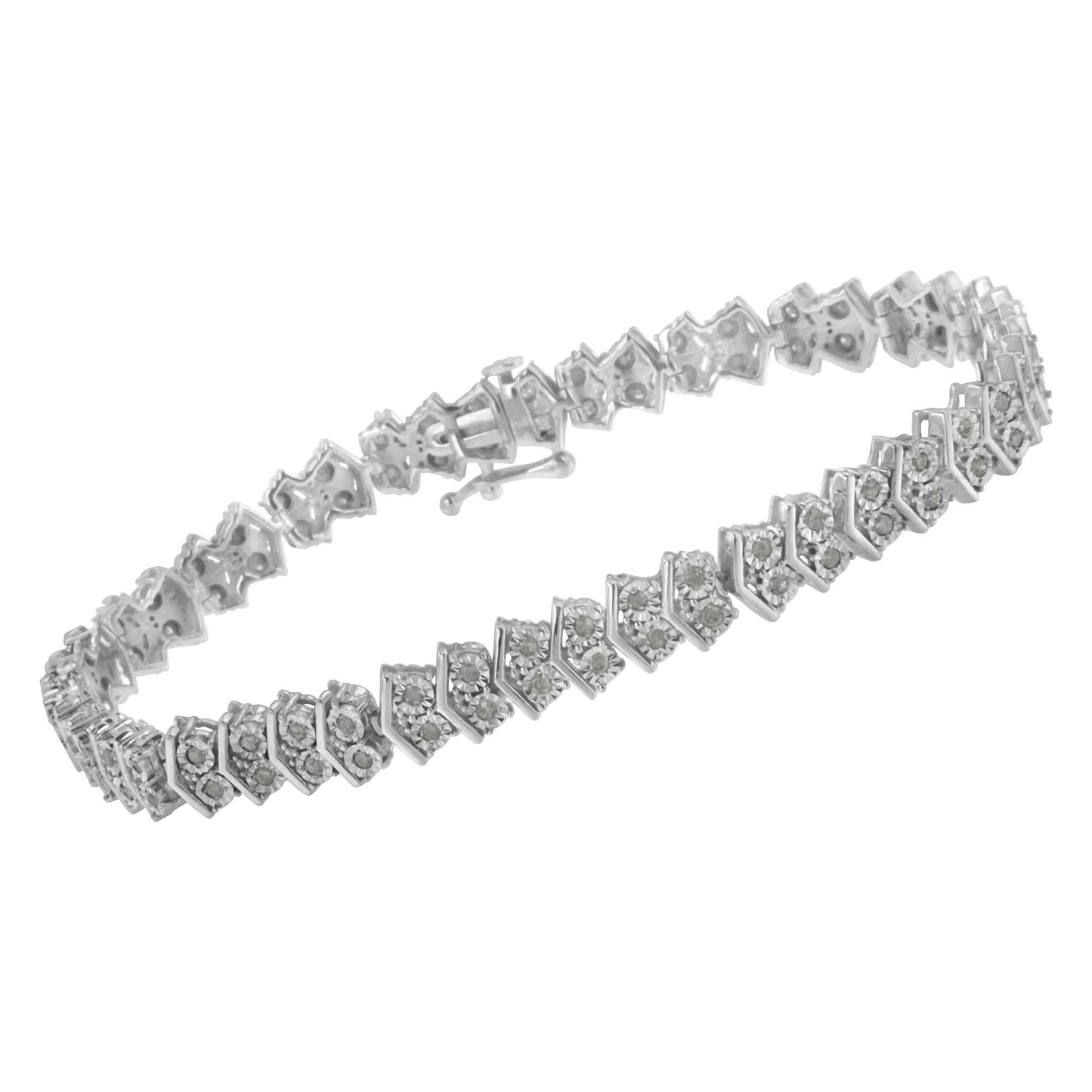 White metal bracelet with round white gemstones in miracle setting, shown in a slightly angled side view.