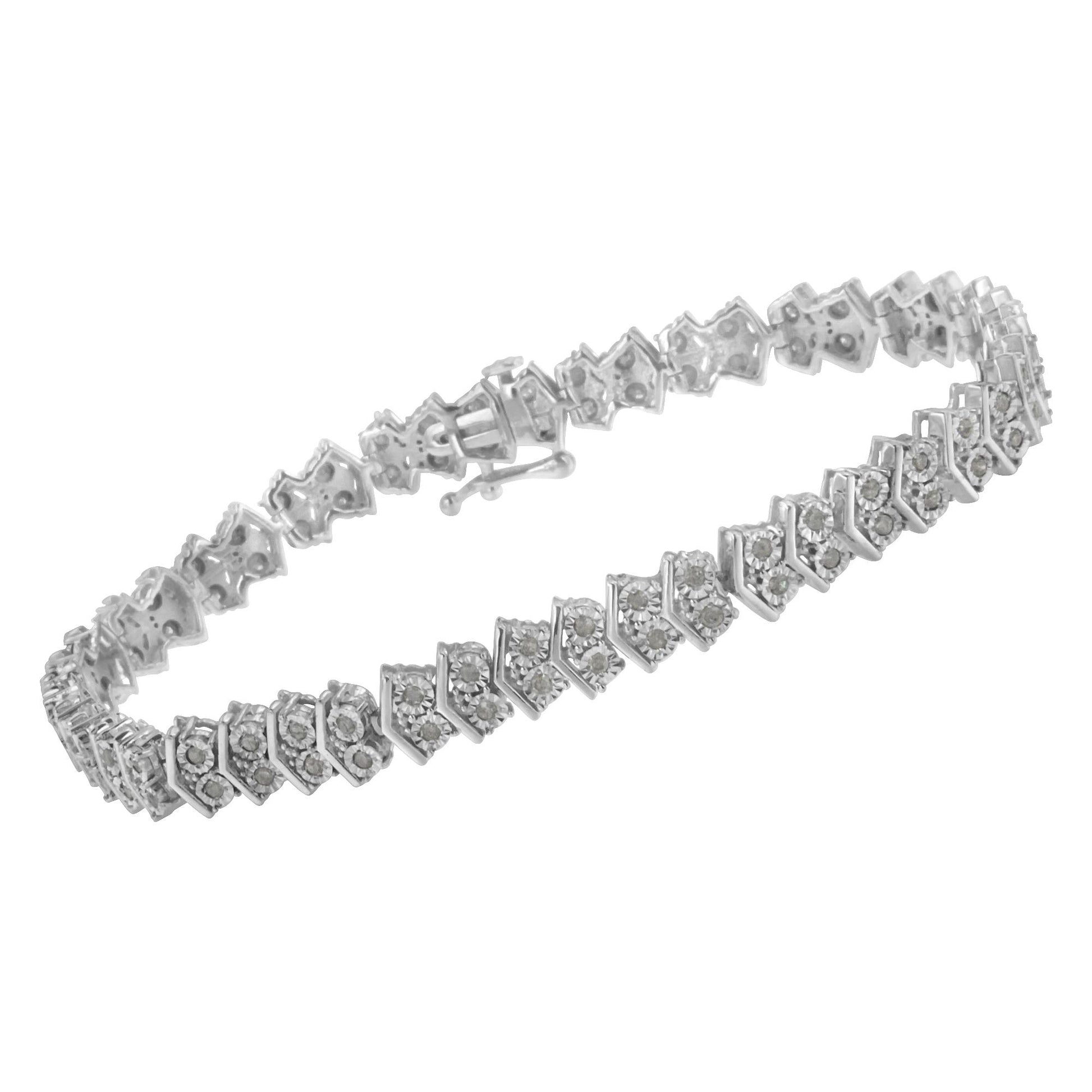 White metal bracelet with round white gemstones in miracle setting, shown in a slightly angled side view.