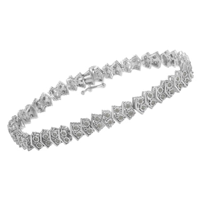 White metal bracelet with round white gemstones in miracle setting, shown in a slightly angled side view.