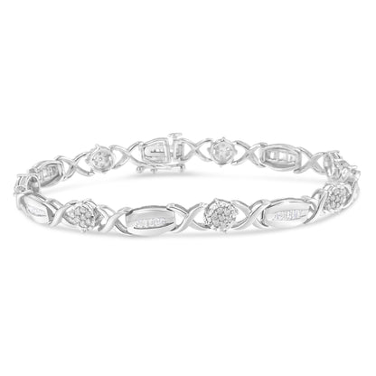 White metal bracelet with alternating round pave-set white gemstones and baguette channel-set white gemstones, shown from a front angle.