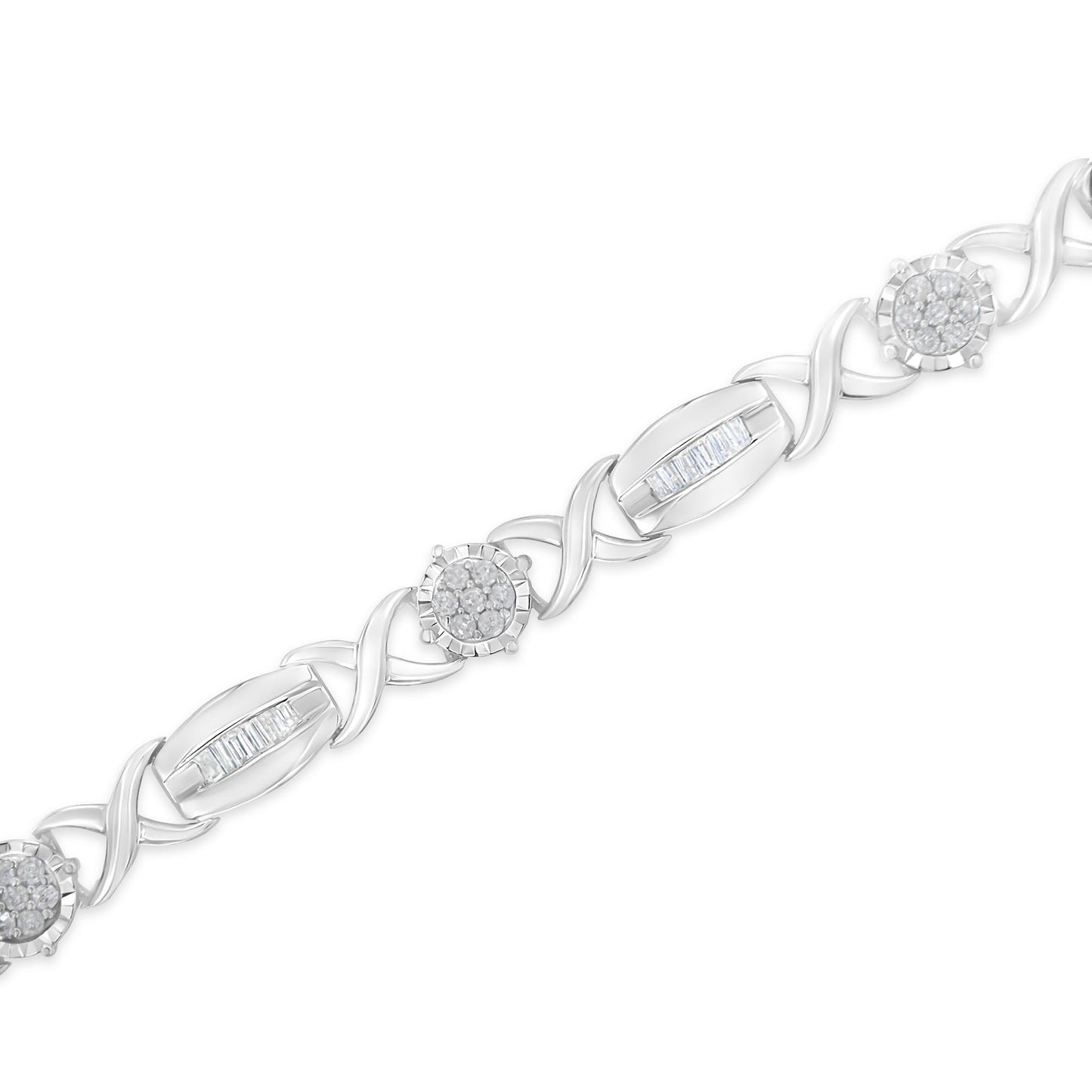Close-up angled shot of a white metal bracelet featuring alternating sections of round-shaped gemstones in pave settings and baguette-shaped gemstones in channel settings.