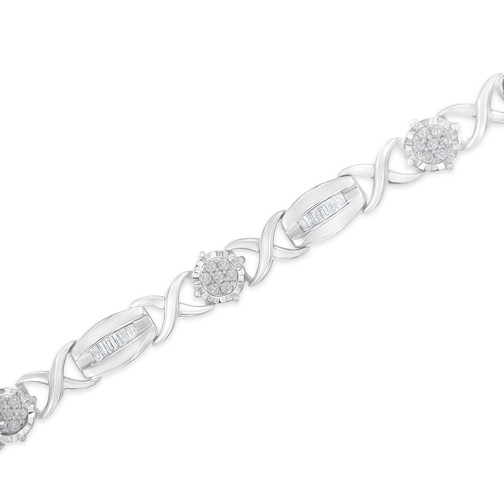 Close-up angled shot of a white metal bracelet featuring alternating sections of round-shaped gemstones in pave settings and baguette-shaped gemstones in channel settings.