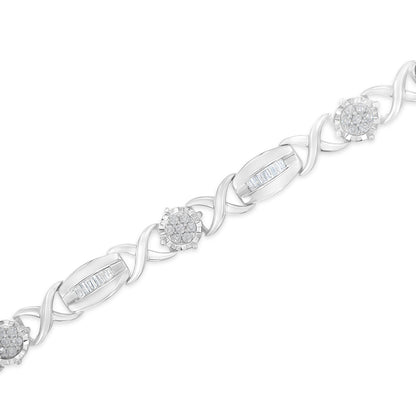 Close-up angled shot of a white metal bracelet featuring alternating sections of round-shaped gemstones in pave settings and baguette-shaped gemstones in channel settings.