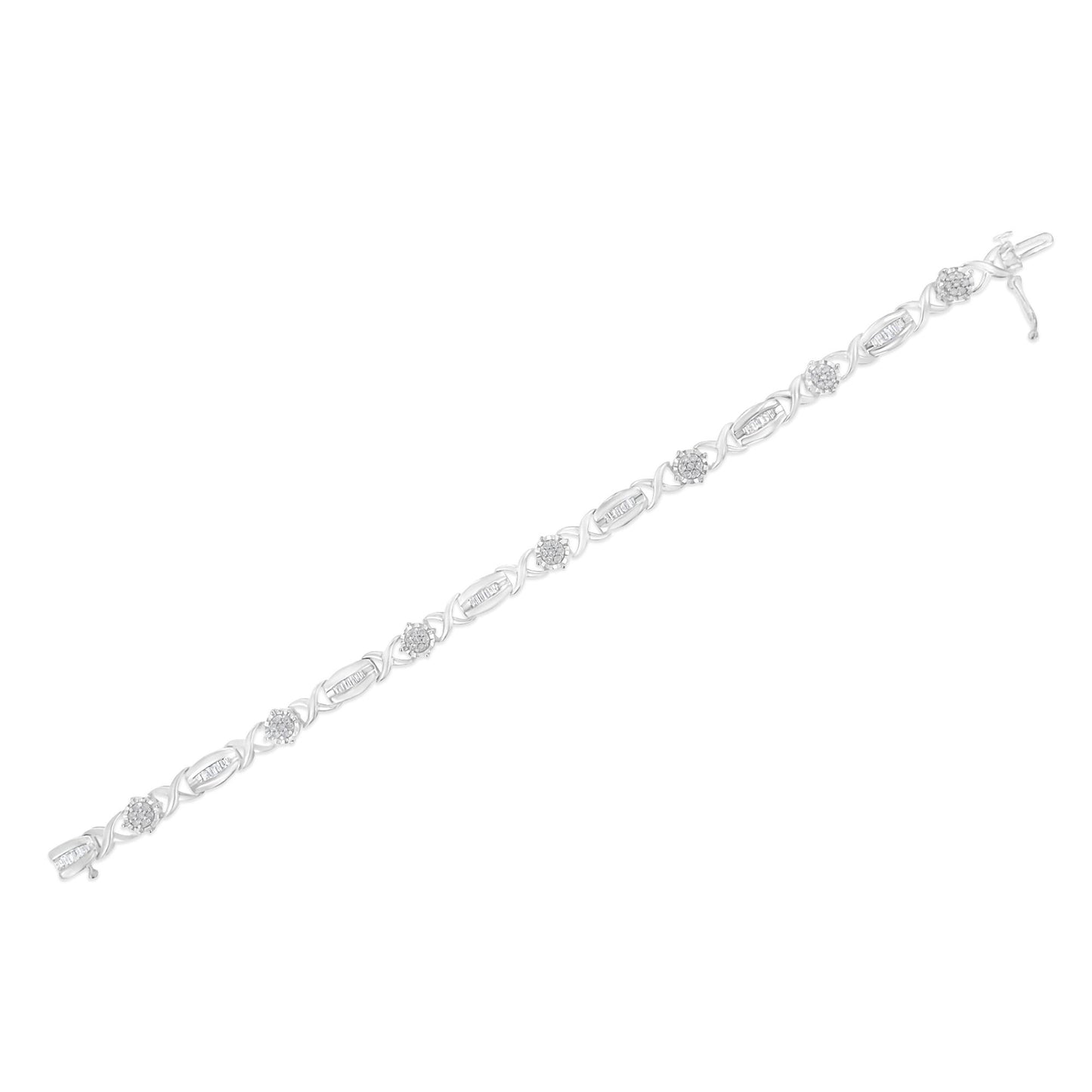 White metal bracelet with alternating round white gemstones in pave setting and baguette white gemstones in channel setting, shown from a top flat lay angle.