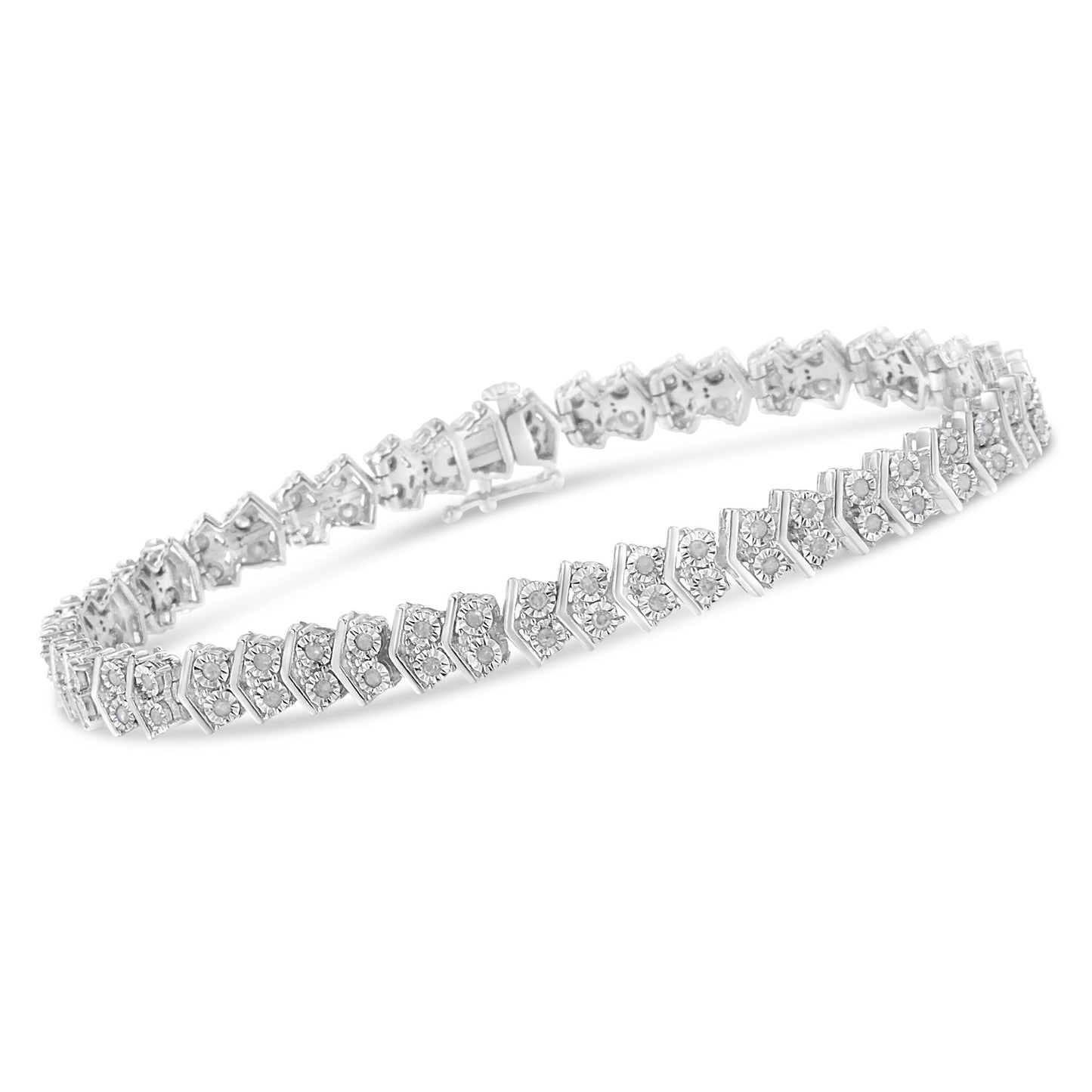 Bracelet with white metal and round white gemstones set in a miracle setting, shown at an angled top view.