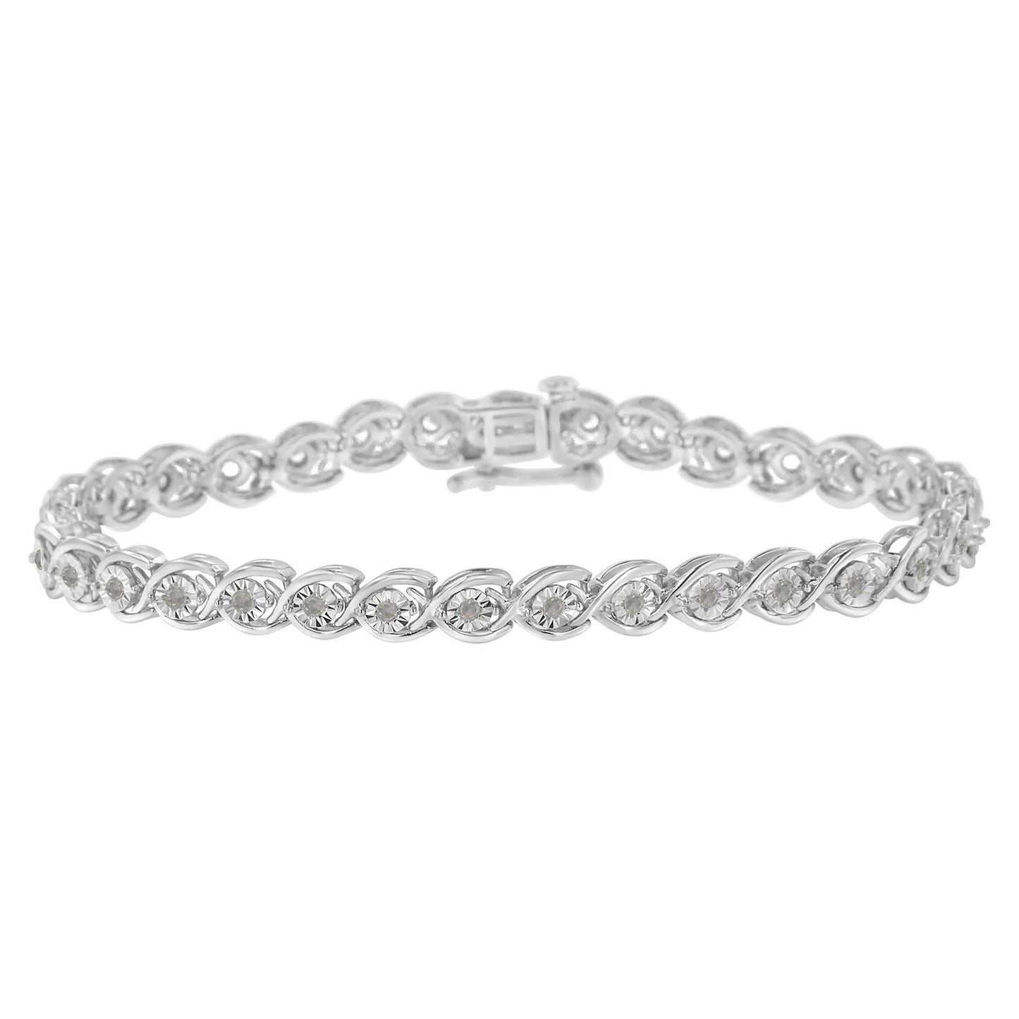 White metal bracelet with round white gemstones in a twisted design, front-facing angle.