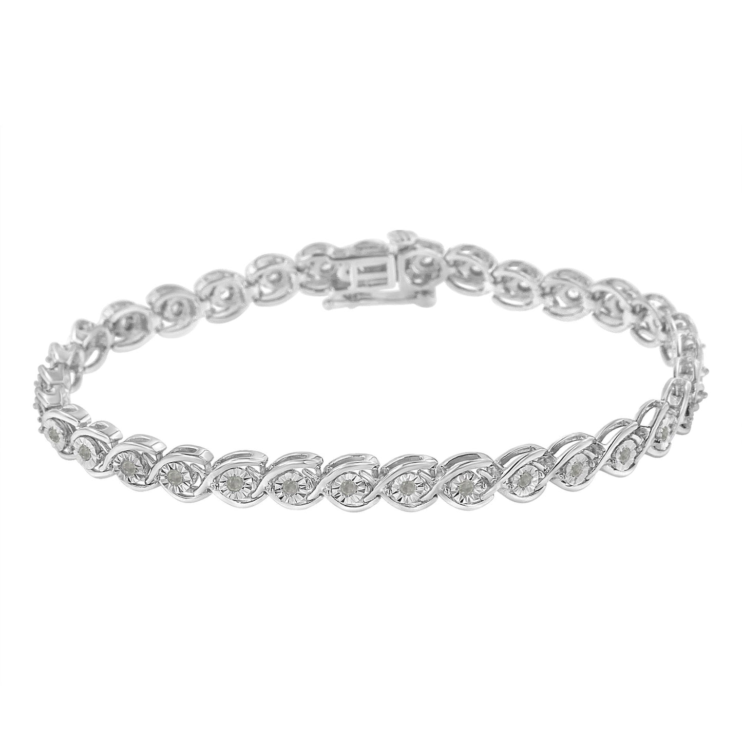 White metal bracelet with round white gemstones in a miracle setting, shown in a slightly angled top-down view.