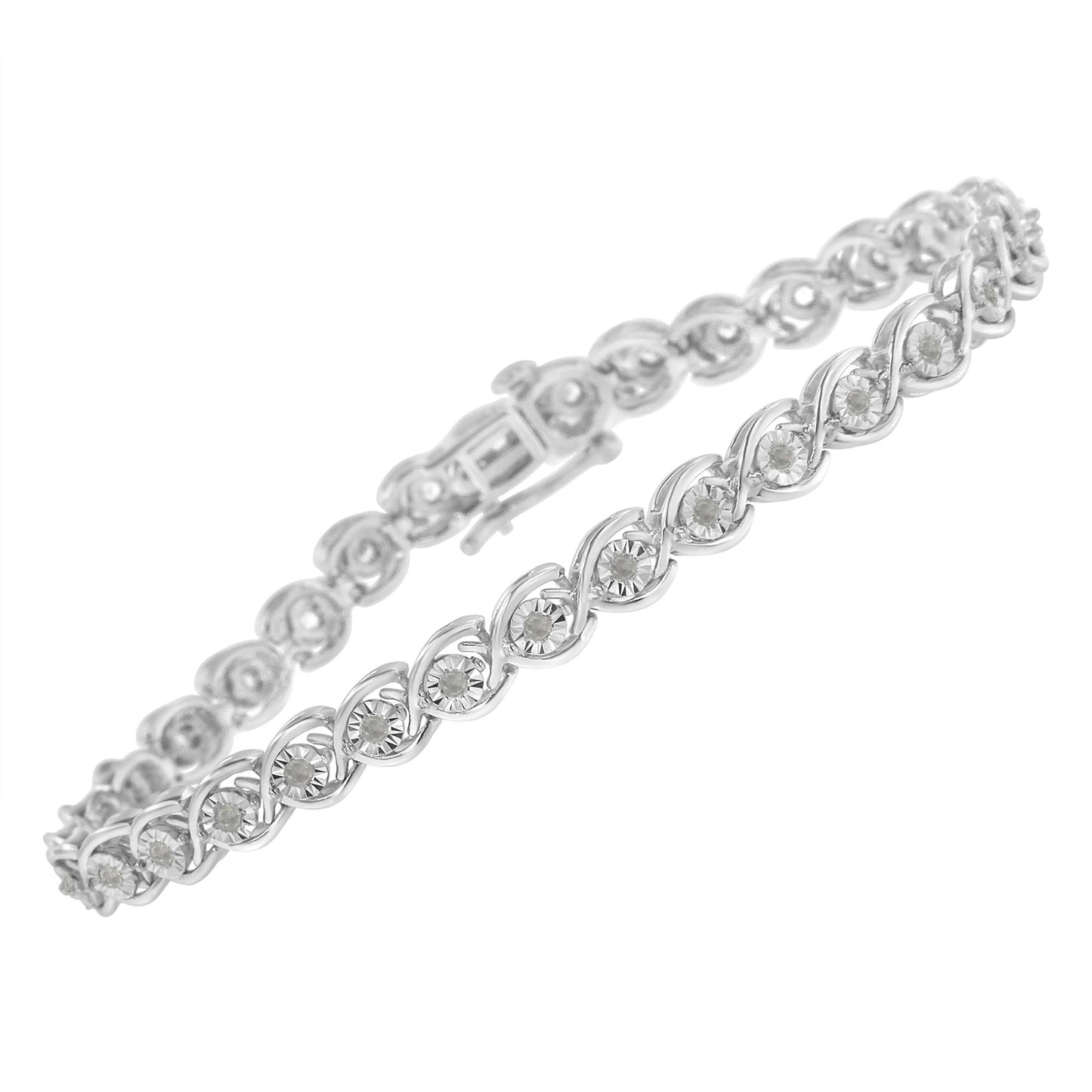 White metal bracelet with round white gemstones in miracle setting, shown at an angled close-up view.