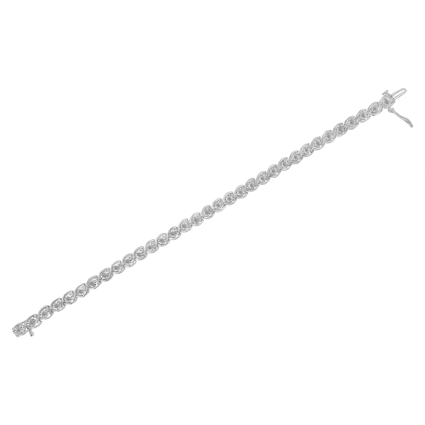 White metal bracelet shown from above, featuring a linear design of round white gemstones set in a miracle setting, with a clasp closure visible on one end.