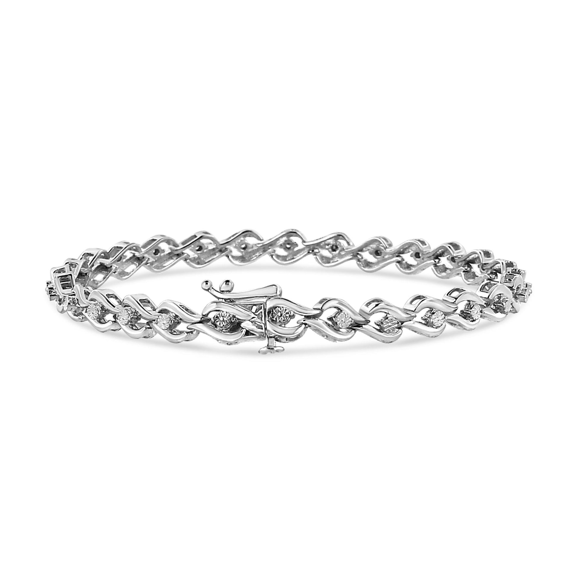 White metal bracelet with round white gemstones in a miracle setting, shown from a front angle on a white background.