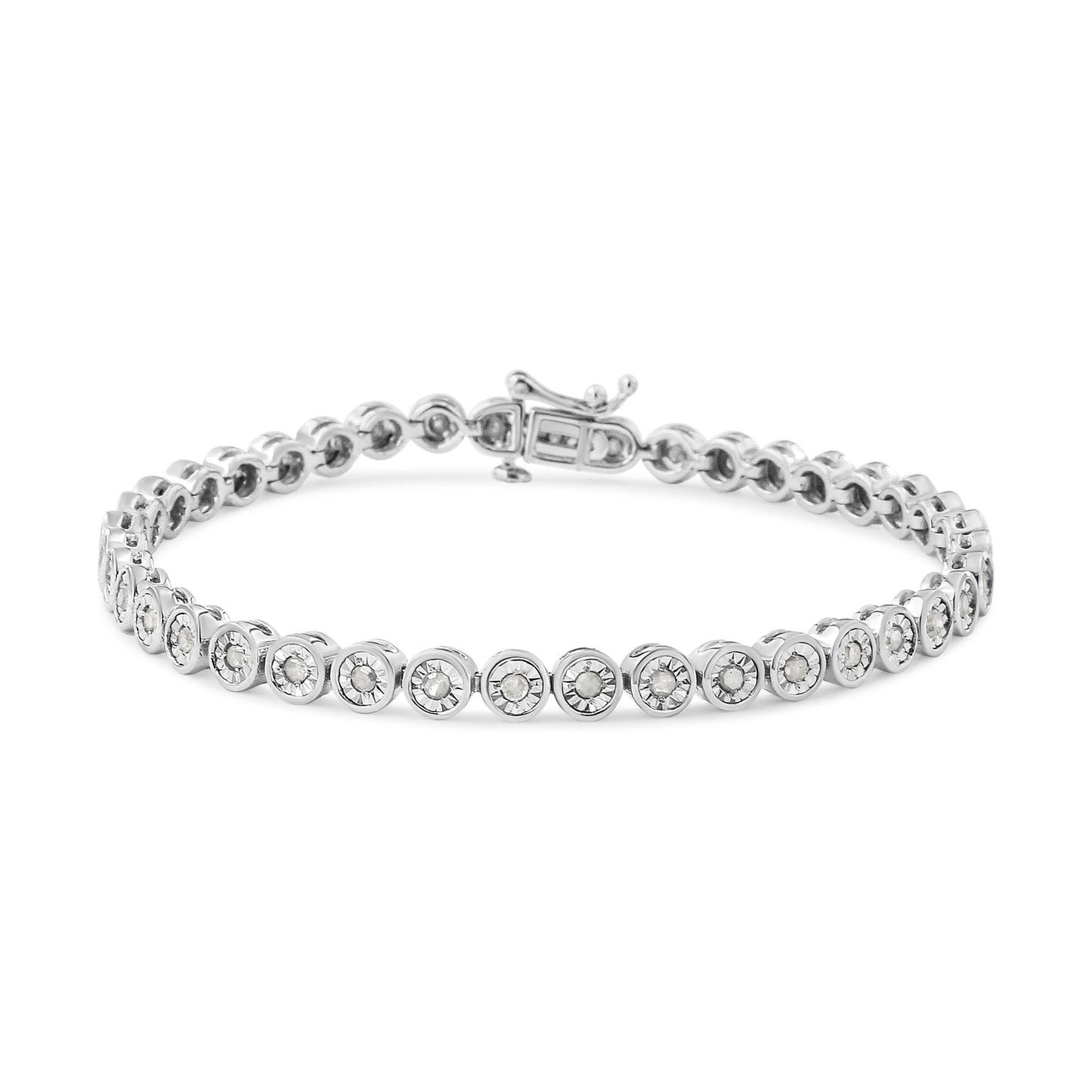 White metal bracelet with round white gemstones in miracle setting, shown from a front angle.