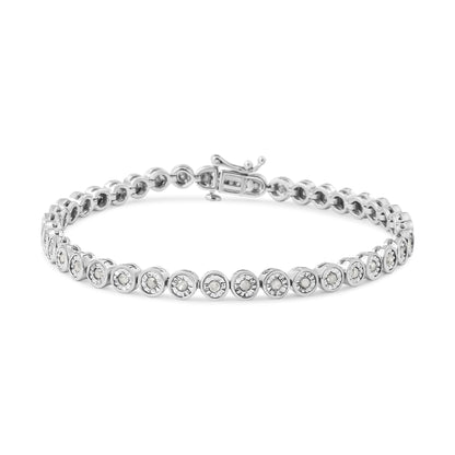 White metal bracelet with round white gemstones in miracle setting, shown from a front angle.