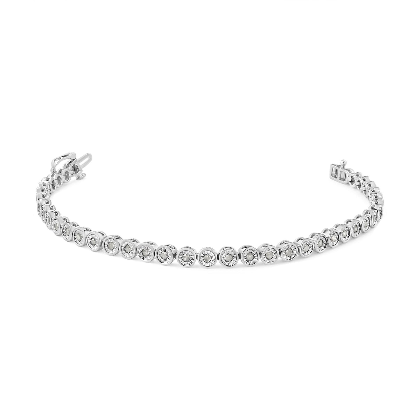 Curved white bracelet with round white gemstones in miracle settings, shown from a front angle on a white background.