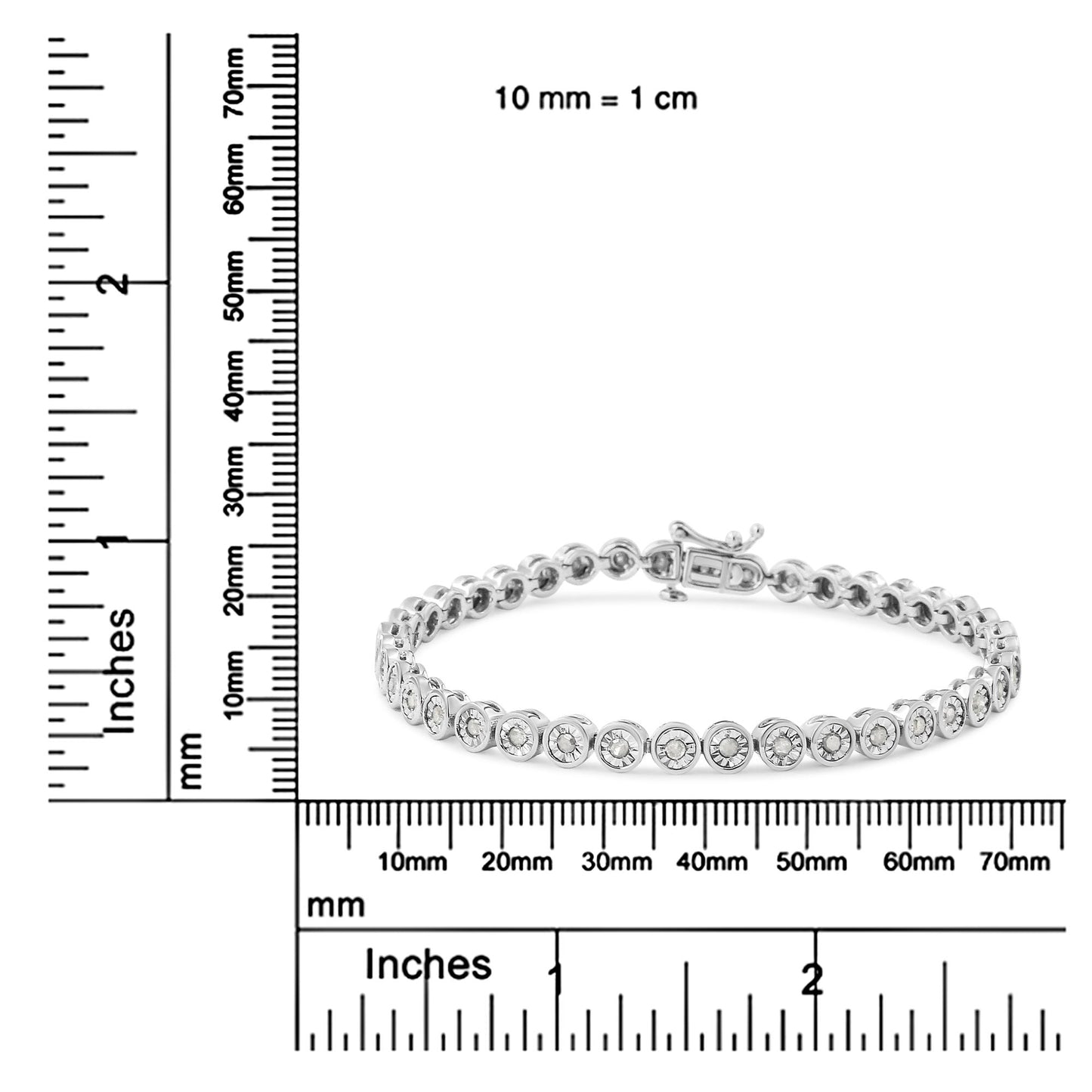 White metal bracelet with round white gemstones in a miracle setting, displayed flat on a ruler and scale for size reference, shot from a front angle.