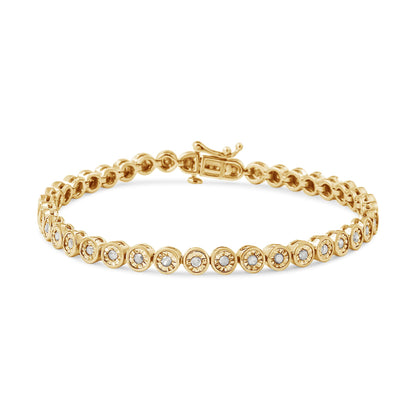 Yellow and white bracelet with round white gemstones in miracle settings, shown at an angled top view.