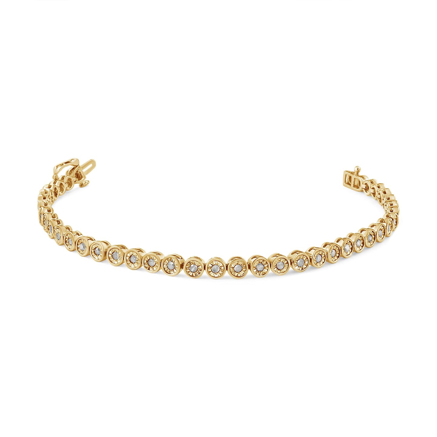 Bracelet photographed from a slight angle, featuring alternating yellow and white metal with round white gemstones in a circular setting along its length.