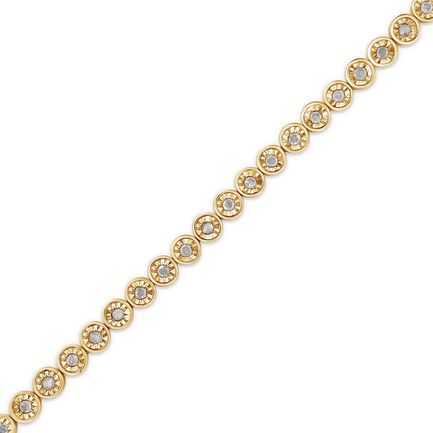 Diagonal close-up view of a yellow and white metal bracelet featuring round white gemstones in miracle settings.