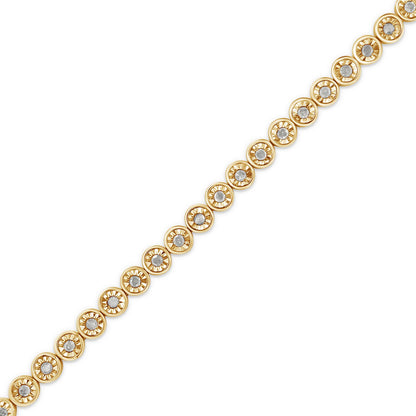 Diagonal close-up view of a yellow and white metal bracelet featuring round white gemstones in miracle settings.