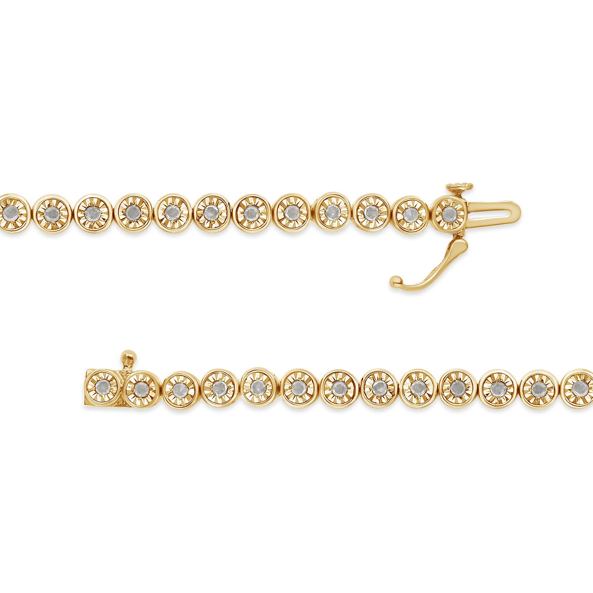 Close-up top view of a yellow and white bracelet with round white gemstones in a miracle setting.