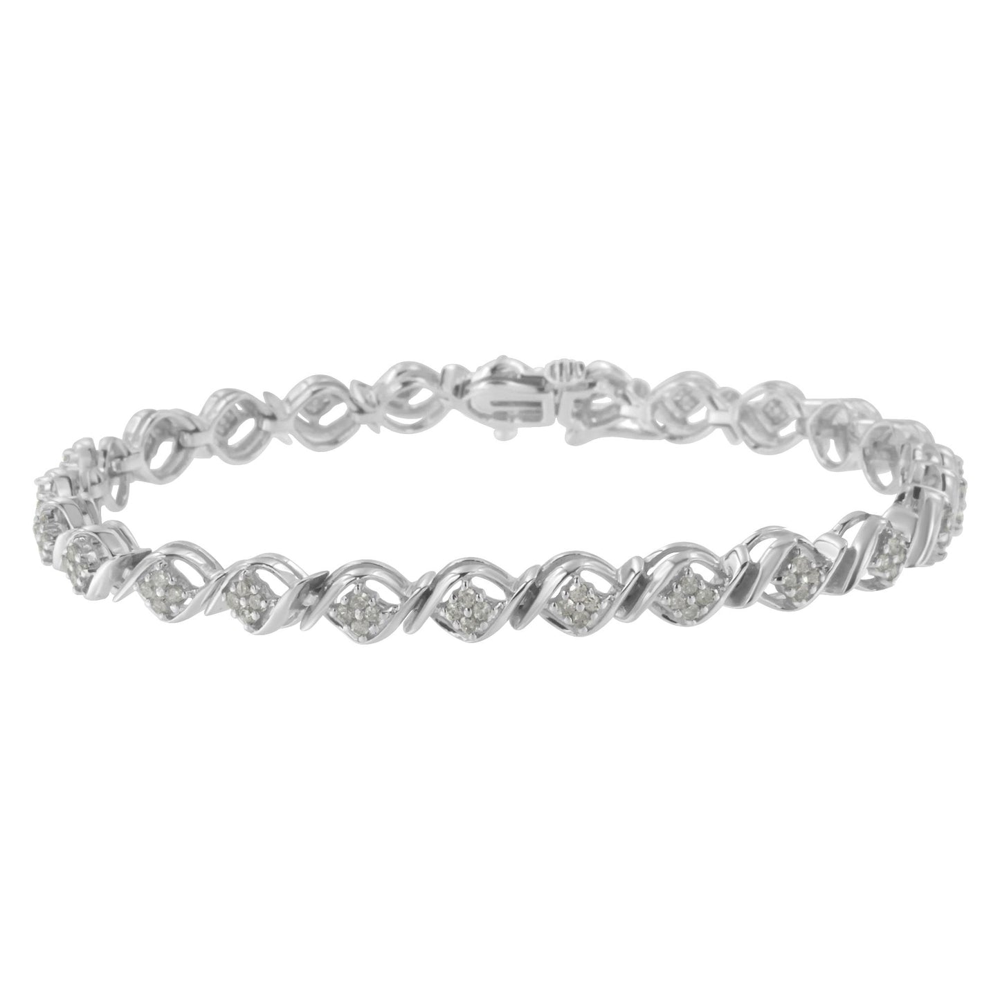 White metal bracelet with a twisted design and clusters of round white gemstones, shown from a front angle.