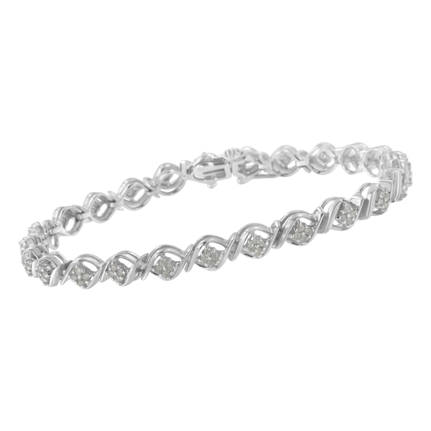 White metal bracelet with alternating twisted links and clusters of small round white gemstones, shown at a slight angle.
