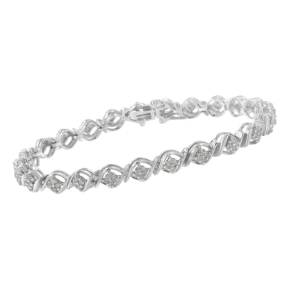White metal bracelet with alternating twisted links and clusters of small round white gemstones, shown at a slight angle.