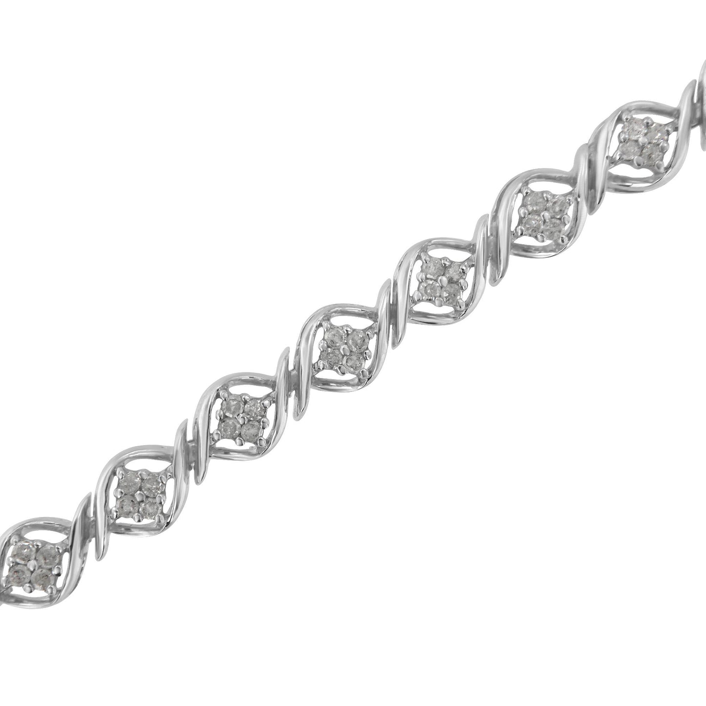 White metal bracelet with alternating twisted links and clusters of round white gemstones, shown at an angle on a white background.