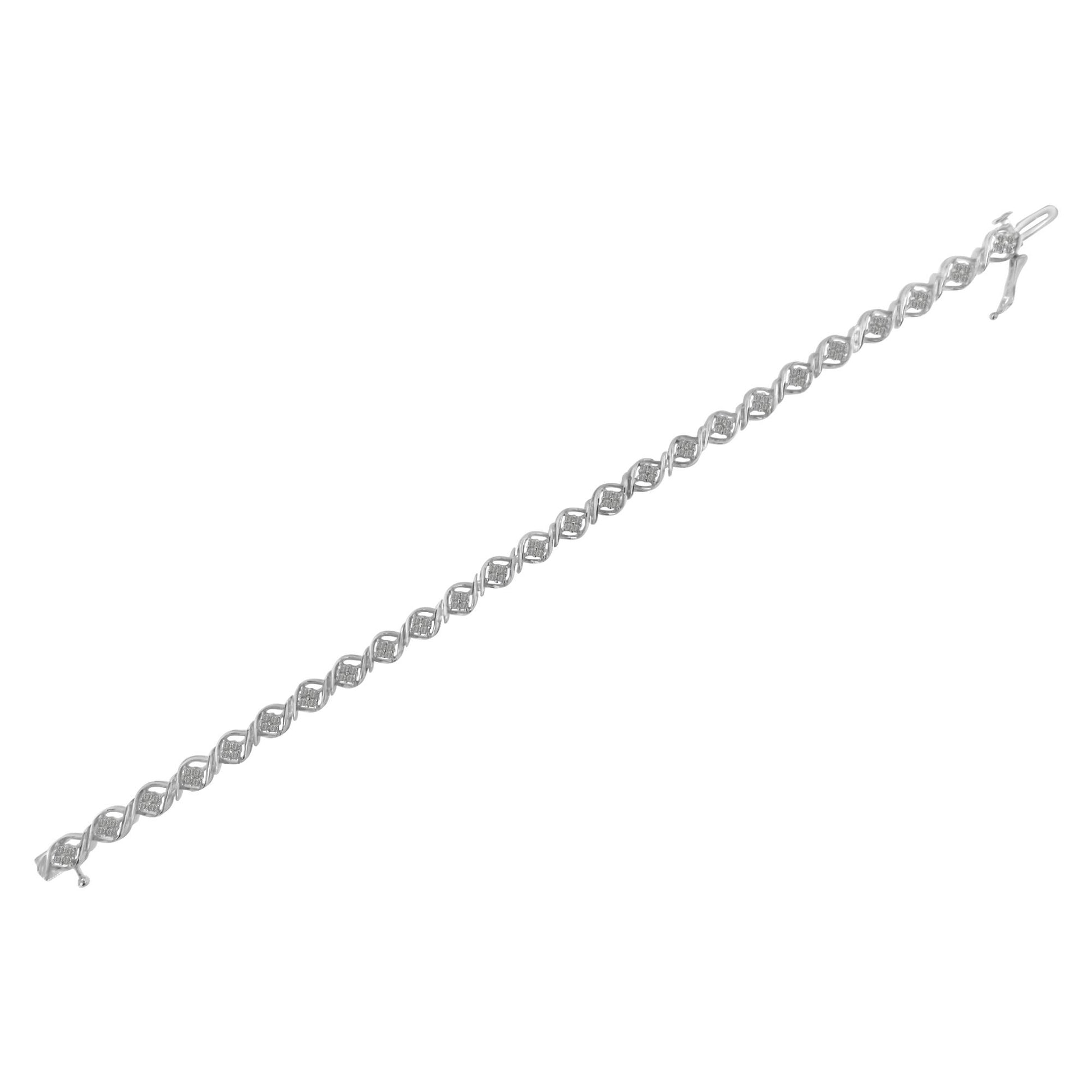 Top front angle view of a white bracelet featuring a twisted design with round white gemstones in prong settings along its length.