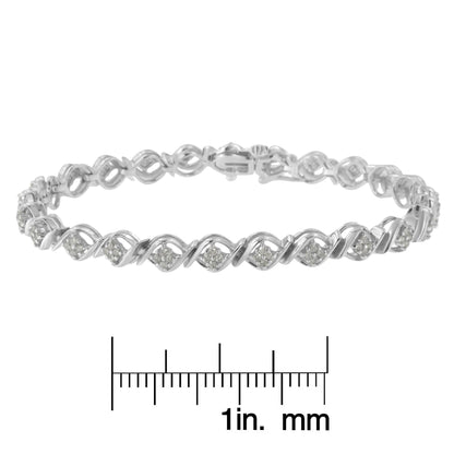 White metal bracelet with alternating twisted links and clusters of round white gemstones in prong settings, displayed above a ruler for size reference, shown from a front-facing angle.
