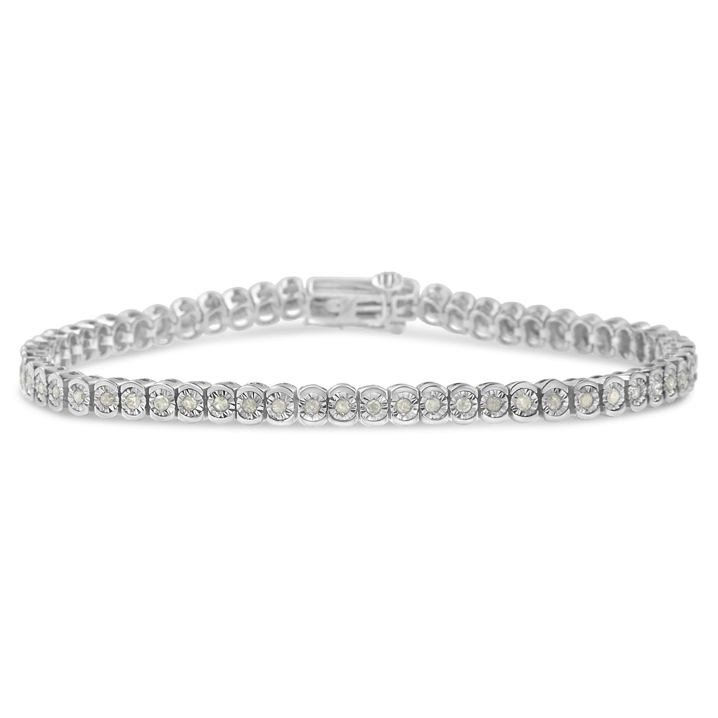 Close-up front-facing shot of a white metal bracelet featuring a continuous row of round white gemstones set in a miracle setting.