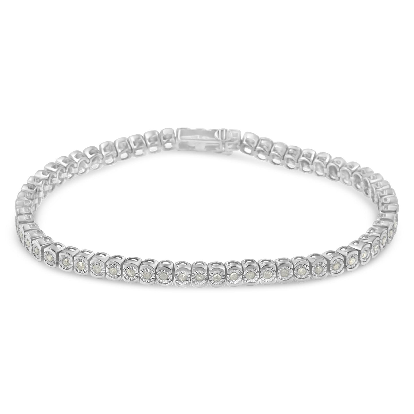 White metal bracelet with round white gemstones in miracle setting, shown from a slightly elevated front angle.
