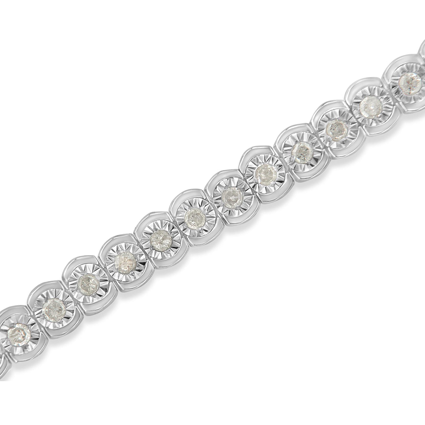 Close-up diagonal view of a white metal bracelet featuring round white gemstones set in a miracle setting.