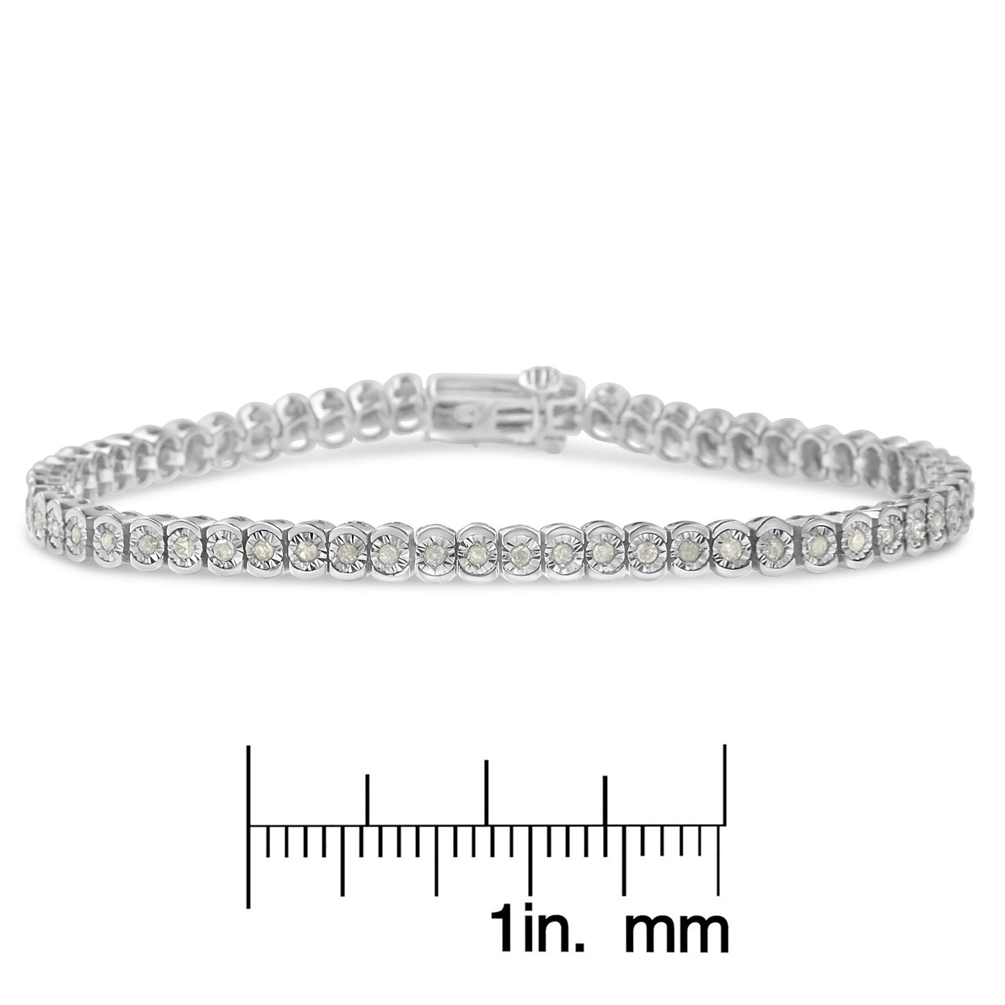 White metal bracelet with round white gemstones in a miracle setting, displayed flat on a ruler for size reference, front-facing angle.