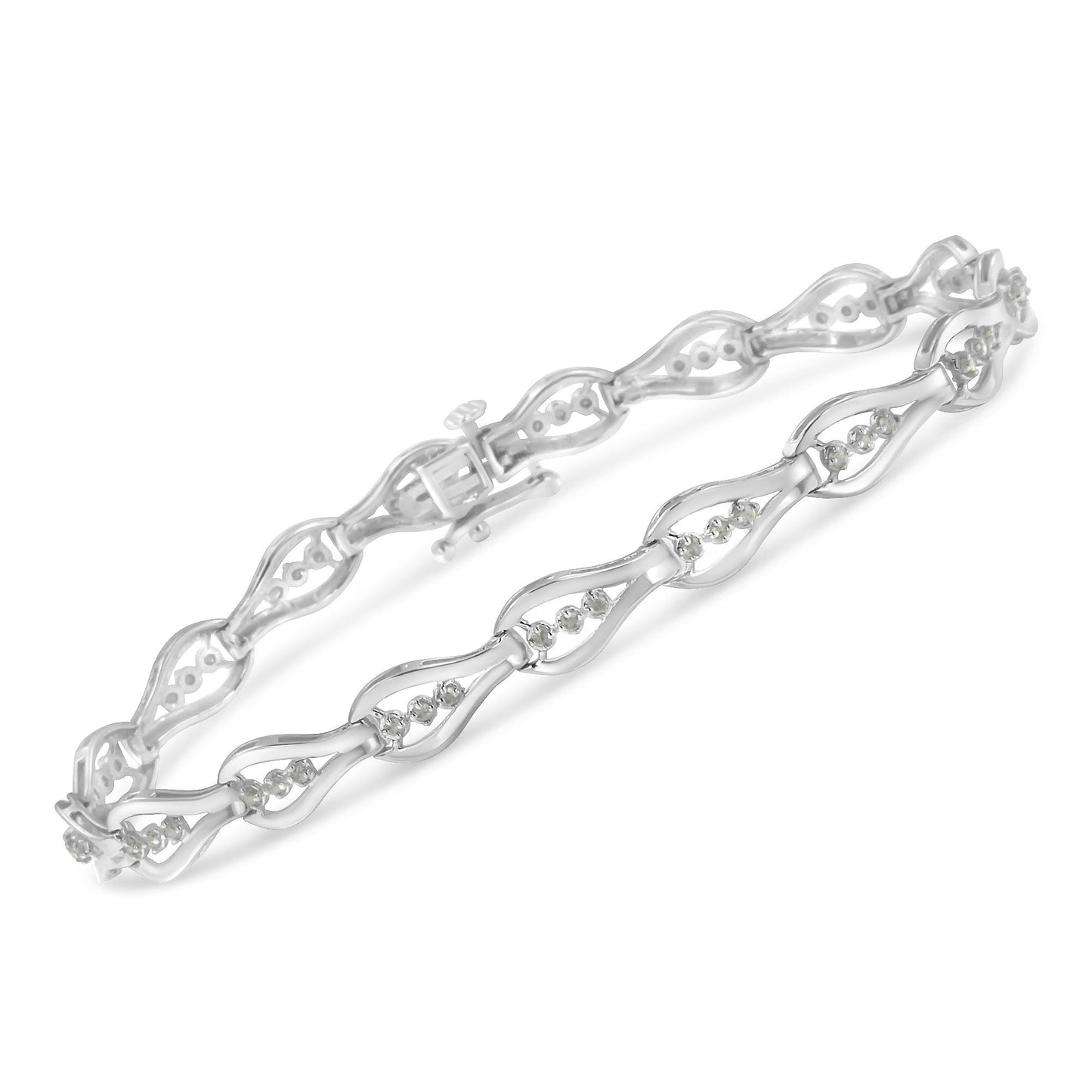White metal bracelet with alternating curved links and round white gemstones in prong settings, shown from an angled top view.
