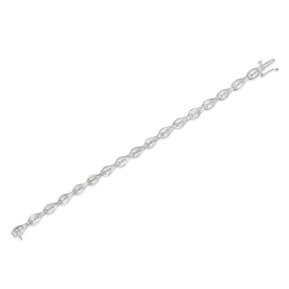 White metal bracelet with alternating linked teardrop shapes, each containing a round white gemstone in prong settings, shown flat from a top angle.