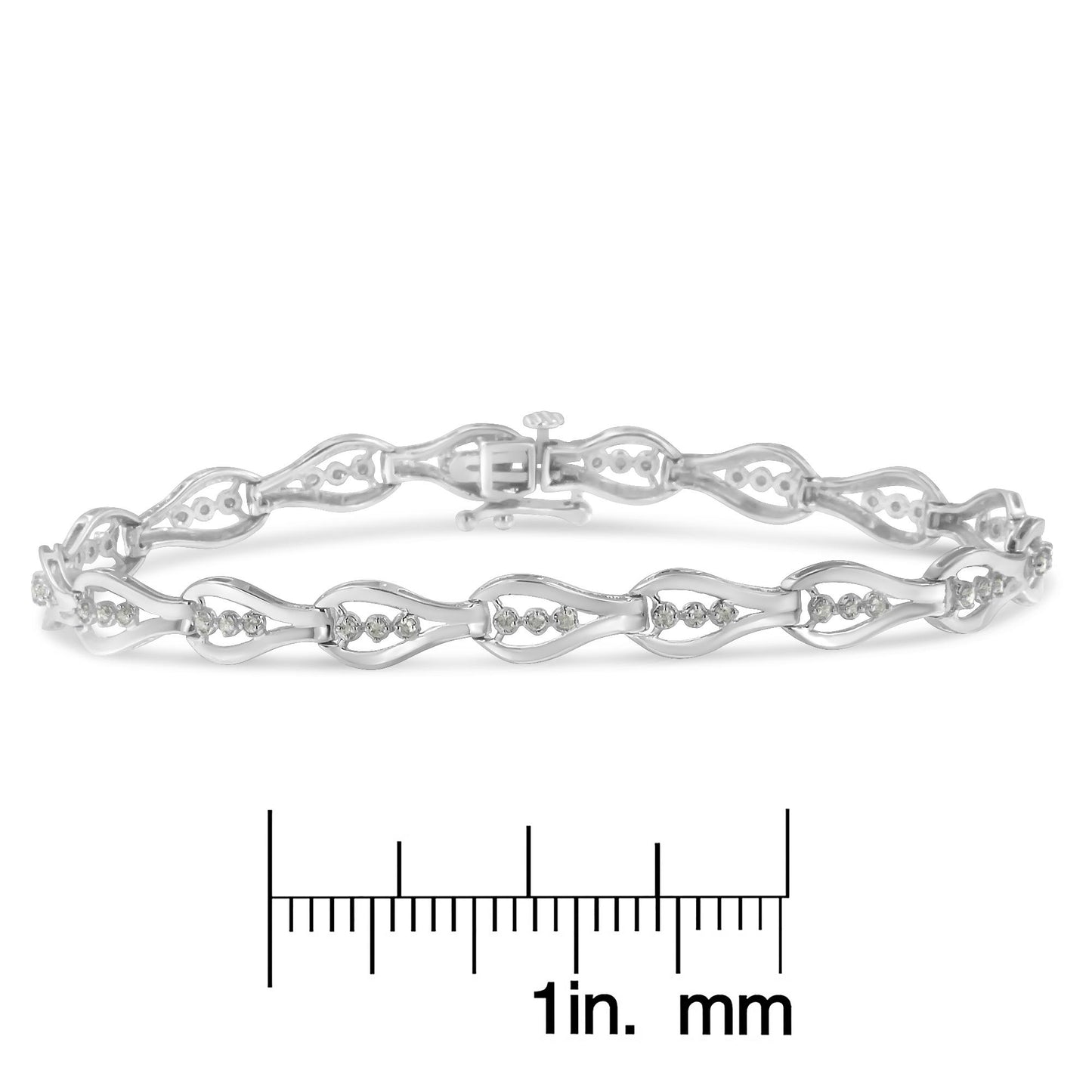 White metal bracelet with round white gemstones in prong settings, shown from a front angle on a ruler for size reference.