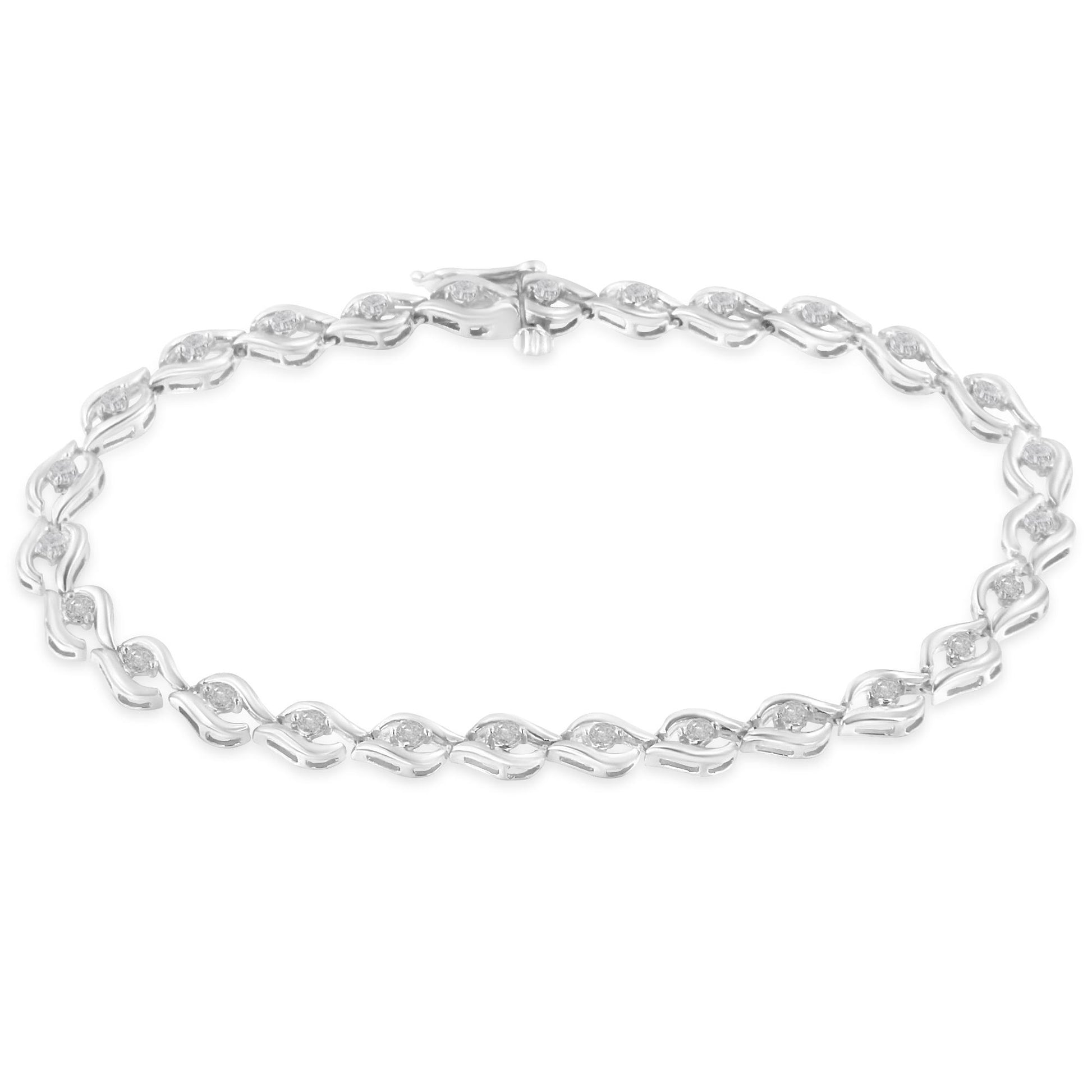 White metal bracelet with round white gemstones in prong settings, shown from a top flat angle.