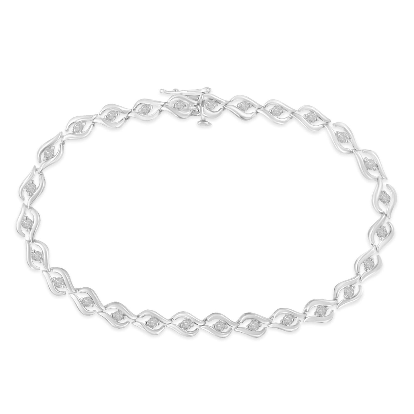 Top-down view of a white metal bracelet with a linked swirl design, each link set with a round white gemstone in prong settings.